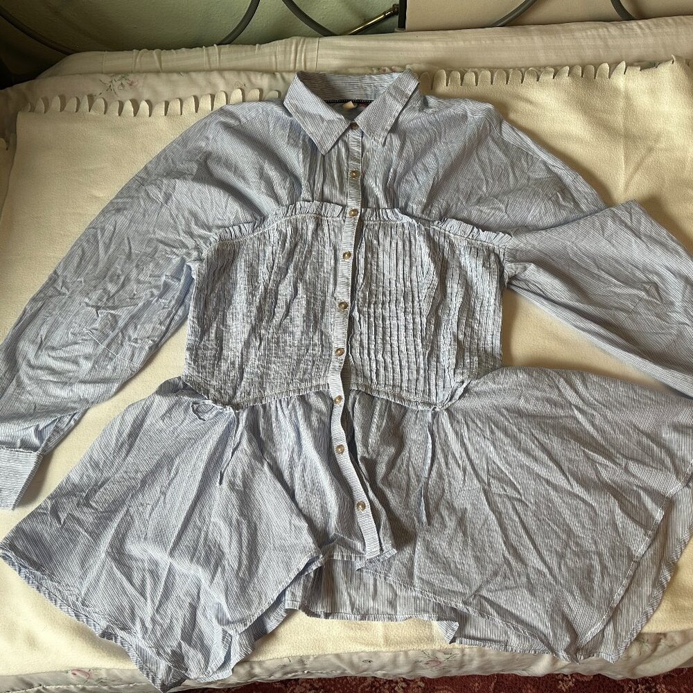 Anthropologie Pilcro Blue Pleated Blue Button Longsleeve, Unworn